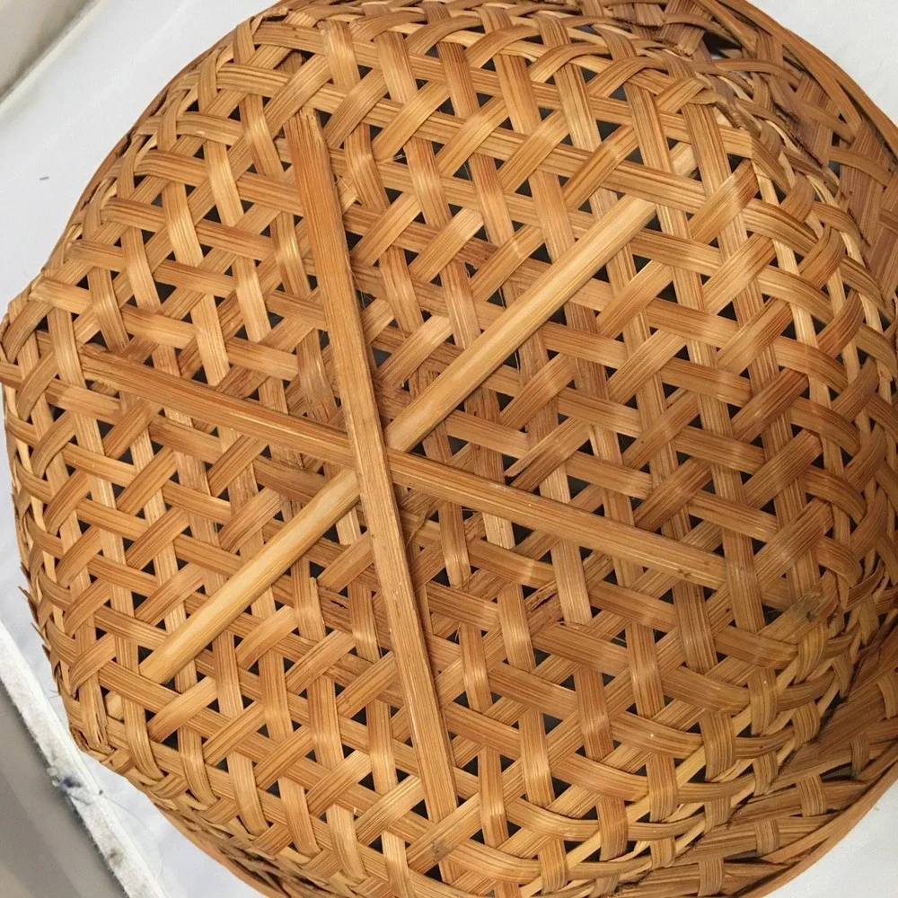 Woven Bamboo Basket Home Decor Medium Brown Round Lattice Design Cottagecore